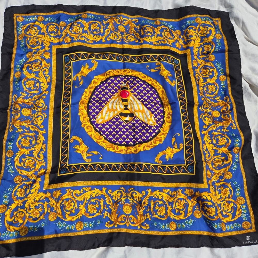Vintage Charmelle Queen Bee Silk Scarf Rolled Hem Blue Gold Black